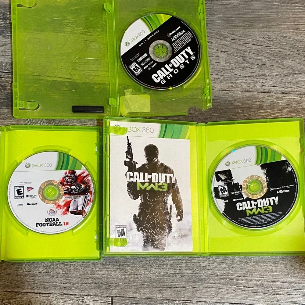X Box 360 Game Set - Call of Duty MW3 & NCAA Football 12 - Green Cases 3 games